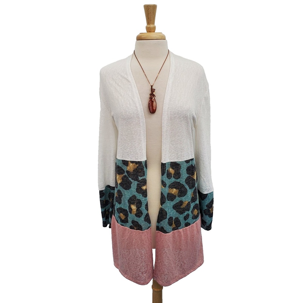 Leopard Colorblock Cardigan White Teal Pink Open Front Long Sleeve Womens S‎